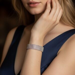 Vintage Elegant Mesh Silver Tone Rhinestone Estate Bracelet